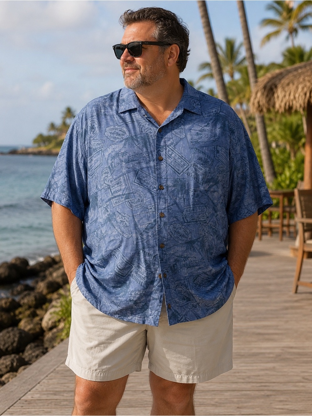Men’s 4XB Blue Rayon Hawaiian Shirt Tropical Button Up Resort Cruise Vacation